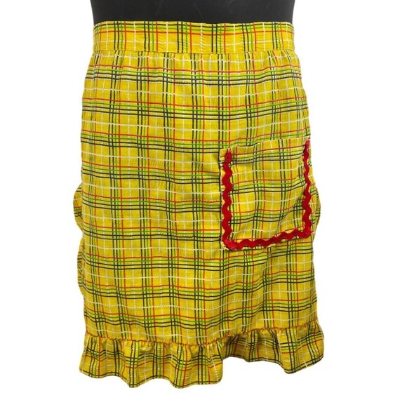 Handmade Vintage Yellow Plaid Half Apron w/Pocket Tie Back Waist Ruffle Hem - Picture 2 of 5